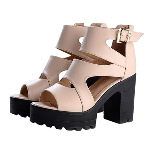 JXpxbao Damen Sandalen Bequem Flach Sandaletten Mit Absatz Sommer Dicker High Heel Riemchen Schuhe Plateau Sandalen Weichen Sohlen Plattform Sommerschuhe Abendschuhe (Aprikose,36) von JXpxbao