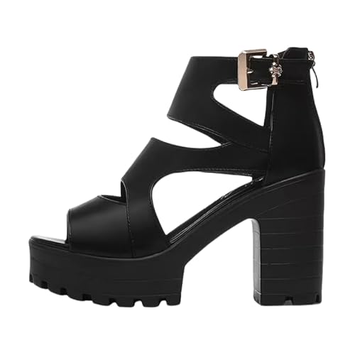 JXpxbao Damen Sandalen Bequem Flach Sandaletten Mit Absatz Sommer Dicker High Heel Riemchen Schuhe Plateau Sandalen Weichen Sohlen Plattform Sommerschuhe Abendschuhe (Schwarz,38) von JXpxbao
