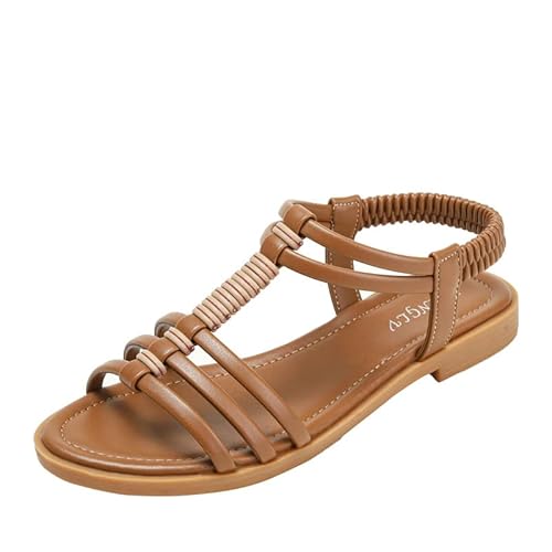 JXpxbao Damen Sandalen Flach Sommermode Offener Zehenriemen Römischer Stil Atmungsaktiv Bequem Vielseitig Slip-On Komfortables Design (Braun,39) von JXpxbao