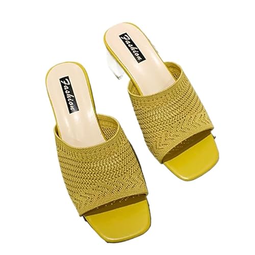 JXpxbao Damen Sandalen Mit Offener Spitze Und Klobigem Absatz Strick-Sandalen, Quadratisch, Block, Niedriger Absatz, Schlupfschuhe (Gelb,39) von JXpxbao