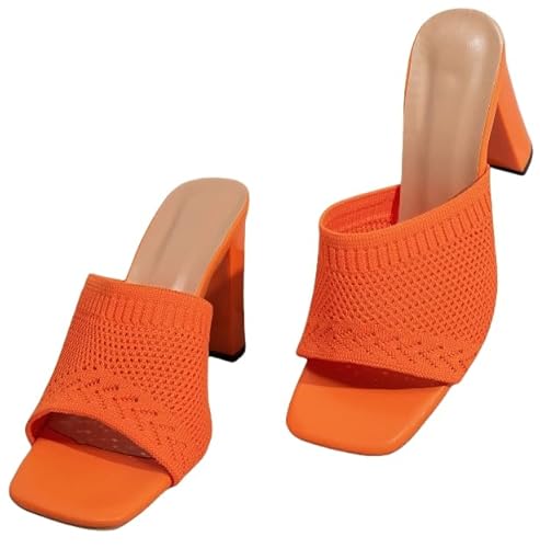 JXpxbao Damen Sandalen Mit Offener Spitze Und Klobigem Absatz Strick-Sandalen Für Damen, Quadratisch, Block, Niedriger Absatz, Schlupfschuhe (orange,37) von JXpxbao