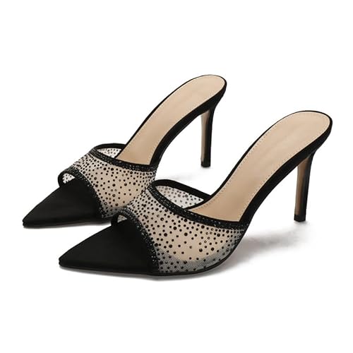 JXpxbao Damen-Sandalen Mit Spitzem Zehenbereich, Slingback-Absatz, Damen-Pantoletten Mit Absatz, Glitzernde Strasssteine, Zum Reinschlüpfen, Hochzeit, Party, Braut-Schuhe EU 34-42 (Schwarz-8.5CM,39) von JXpxbao