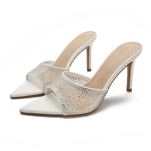 JXpxbao Damen-Sandalen Mit Spitzem Zehenbereich, Slingback-Absatz, Damen-Pantoletten Mit Absatz, Glitzernde Strasssteine, Zum Reinschlüpfen, Hochzeit, Party, Braut-Schuhe EU 34-42 (Weiß-8.5CM,38) von JXpxbao