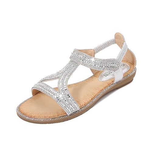 JXpxbao Damen Sandalen Sommer Flach Sandals, Frauen Bohemia Strass Sandals PU Leder Elastischen Strand Sommerschuhe mit Weiche Fußbett (Silber,36) von JXpxbao