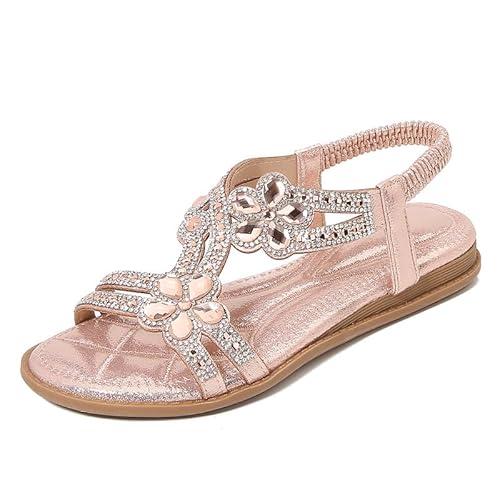 JXpxbao Damen Sandalen Sommer Frauen Bohemian Strass Sandals PU Leder Elastischen Strand Schuhe Freizeit Flache Sandalen EU 36-45 (45,Rosa) von JXpxbao