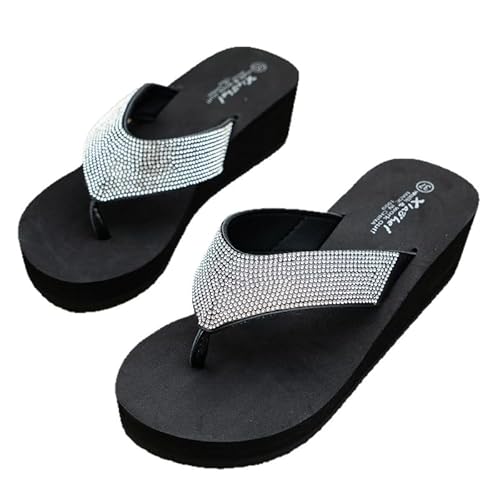 JXpxbao Damen Sandalen Sommer Hausschuhe Flip Flops Mode Flache mit Strass Glitzer für Frauen Sommer Flip Flops Casual Strand Sandale Flache Schuhe (Schwarz,37) von JXpxbao