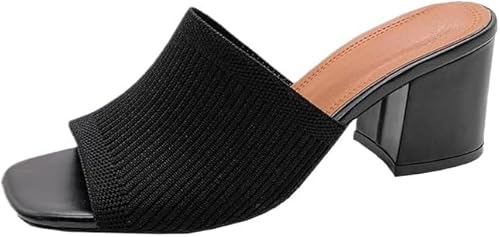 JXpxbao Damen Sandalen mit offener Spitze und klobigem AbsatzStrick-Sandalen für Damen, quadratisch, Block, niedriger Absatz, Schlupfschuhe (schwarz,38) von JXpxbao