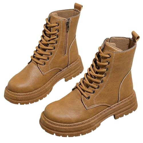 JXpxbao Damen Schnürung Stiefeletten Mit Reißverschluss Chunky Heel Runde Zehe Leder Kampfstiefel (38,Gelb) von JXpxbao