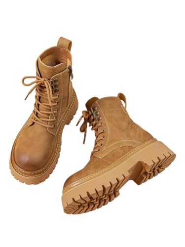 JXpxbao Damen Schnürung Stiefeletten Mit Reißverschluss Chunky Heel Runde Zehe Leder Kampfstiefel (Gelb,38) von JXpxbao