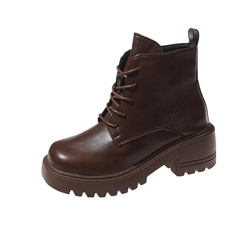 JXpxbao Damen Schnürung Stiefeletten Mit Reißverschluss Chunky Heel Runde Zehe Leder Kampfstiefel (Kaffeefarbe,36) von JXpxbao