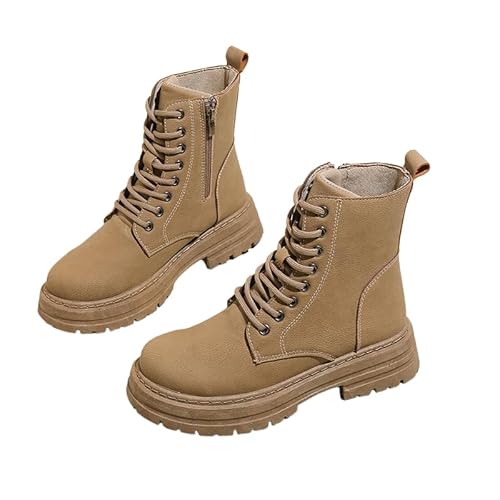 JXpxbao Damen Schnürung Stiefeletten Mit Reißverschluss Chunky Heel Runde Zehe Leder Kampfstiefel (Khaki,38) von JXpxbao