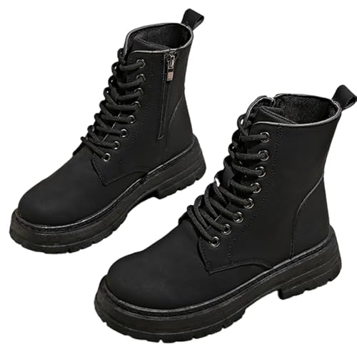 JXpxbao Damen Schnürung Stiefeletten Mit Reißverschluss Chunky Heel Runde Zehe Leder Kampfstiefel (Schwarz,35) von JXpxbao