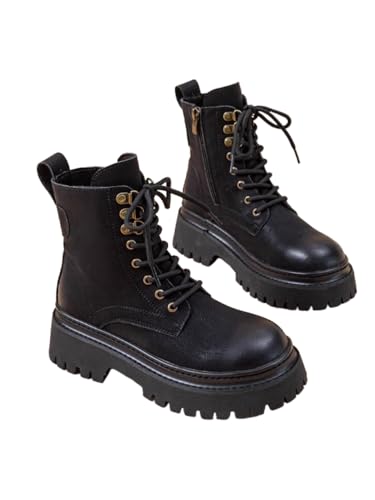 JXpxbao Damen Schnürung Stiefeletten Mit Reißverschluss Chunky Heel Runde Zehe Leder Kampfstiefel (Schwarzer Samt,37) von JXpxbao