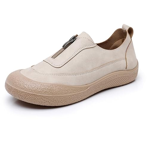 JXpxbao Damen-Slipper Mit Reißverschluss Vorne, Plateau Lässiger Sneaker Slip-On Walkingschuhe Bequem Leichte Schuhe Atmungsaktiv Freizeitschuhe (Beige,38) von JXpxbao