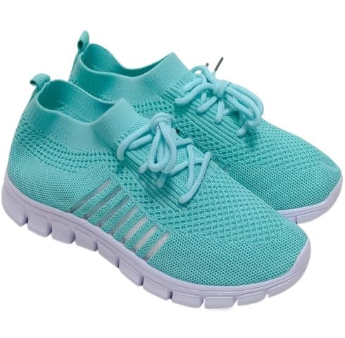 JXpxbao Damen Sneaker aus Mesh in Volltonfarbe, zum Schnüren, leichte, weiche Sohle, Walking-Strick-Schuhe, atmungsaktive, niedrig geschnittene Laufschuhe, Übergröße (Himmelblau,42) von JXpxbao