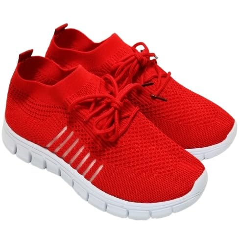JXpxbao Damen Sneaker aus Mesh in Volltonfarbe, zum Schnüren, leichte, weiche Sohle, Walking-Strick-Schuhe, atmungsaktive, niedrig geschnittene Laufschuhe, Übergröße (Rot,40) von JXpxbao