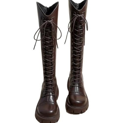 JXpxbao Damen Springerstiefel Kampfstiefel Overknees Stiefel Plateau Schlupfstiefel Schnürboots Pu Leder Combat Boots Militärstiefel Wanderstiefel Arbeitsstiefel (Brauner Samt,36) von JXpxbao