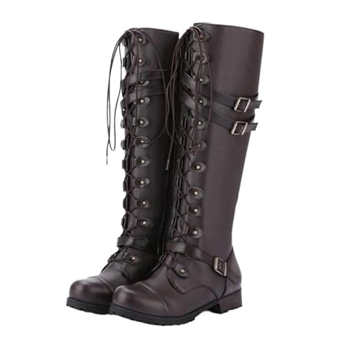 JXpxbao Damen Stiefel Retro Schnürstiefel Motorrad Stiefeletten Mit Schnallen Halbhohe Stiefel Leder Lace Up Kniehohe Stiefel Mit Runde Zehe (Braun,35) von JXpxbao