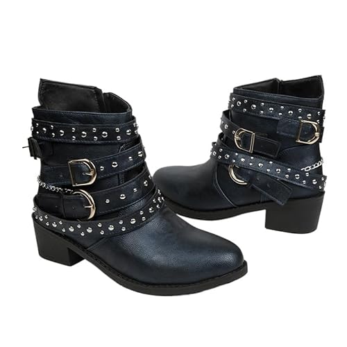 JXpxbao Damen Stiefeletten Biker Boots - Stiefel Mit Nieten Blockabsatz Bequeme Herbst Winter Frauen Schuhe Schnallen Vintage Cowboy Ankle (Dunkelblau,36) von JXpxbao
