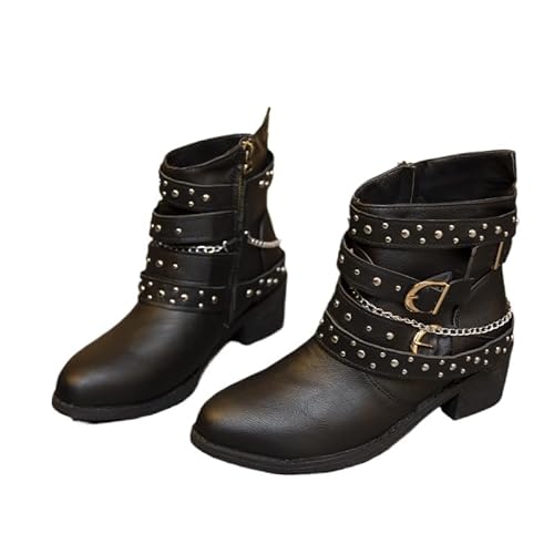 JXpxbao Damen Stiefeletten Biker Boots - Stiefel Mit Nieten Blockabsatz Bequeme Herbst Winter Frauen Schuhe Schnallen Vintage Cowboy Ankle (Dunkelbraun,40) von JXpxbao