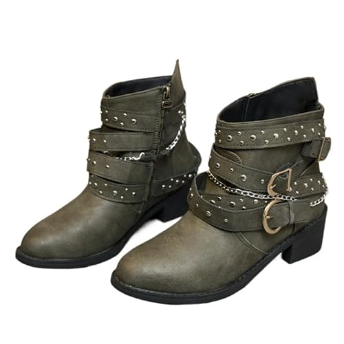 JXpxbao Damen Stiefeletten Biker Boots - Stiefel Mit Nieten Blockabsatz Bequeme Herbst Winter Frauen Schuhe Schnallen Vintage Cowboy Ankle (Dunkelgrün,38) von JXpxbao
