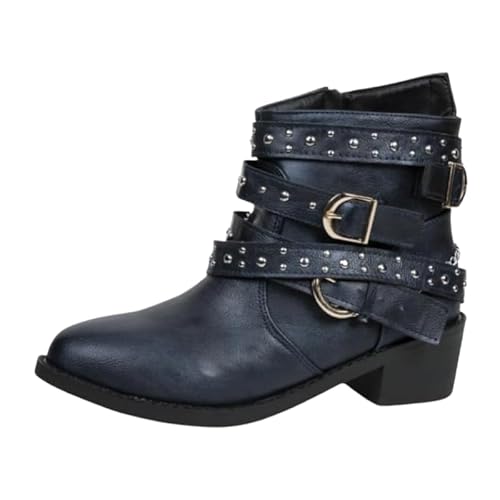 JXpxbao Damen Stiefeletten Biker Boots - Stiefel Mit Nieten Blockabsatz - Bequeme Herbst Winter Frauen Schuhe Schnallen Vintage Cowboy Stiefel Damen Ankle Boots Frauen Combat Booties (Blau,37) von JXpxbao