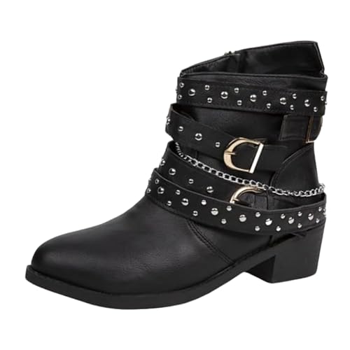 JXpxbao Damen Stiefeletten Biker Boots - Stiefel Mit Nieten Blockabsatz - Bequeme Herbst Winter Frauen Schuhe Schnallen Vintage Cowboy Stiefel Damen Ankle Boots Frauen Combat Booties (Schwarz,38) von JXpxbao