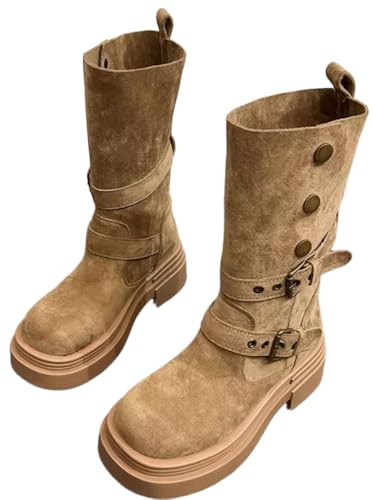 JXpxbao Damen-Stiefeletten Jeansstiefel Slipper-Stiefel Low-Top-Stiefel Stiefeletten Übergangsstiefel Stiefel mit quadratischem Absatz und halber Wadenlänge Damenstiefel Westernstiefel (Khaki,39) von JXpxbao