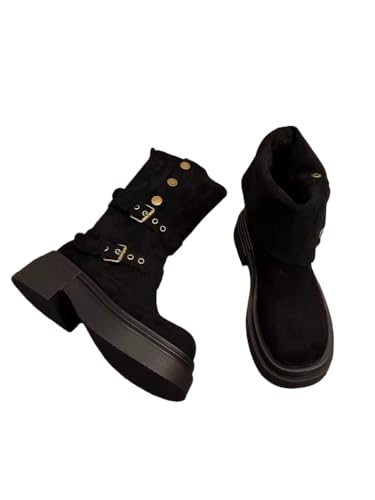 JXpxbao Damen-Stiefeletten Jeansstiefel Slipper-Stiefel Low-Top-Stiefel Stiefeletten Übergangsstiefel Stiefel mit quadratischem Absatz und halber Wadenlänge Damenstiefel Westernstiefel (Schwarz,38) von JXpxbao