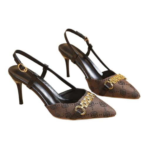 JXpxbao Damen Stiletto Hoher High Absatz Heel Spitze Zehenkappe Slingback Schnalle Pumps Lässig Büroschuhe Dress Schuhe (Braun,40) von JXpxbao
