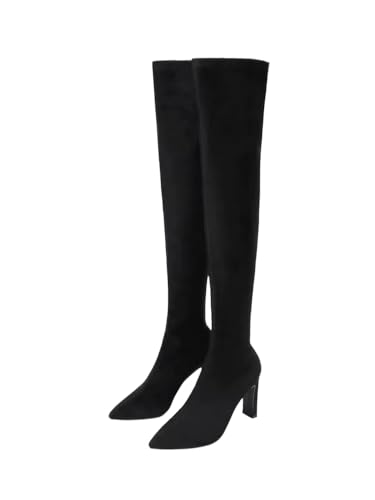 JXpxbao Damen Stretch Overknee Langschaft Stiefel Stiletto High Heels Boots Spitz Über Knie Stiefel Winter Schlupfstiefel (Schwarzer Samt,41) von JXpxbao