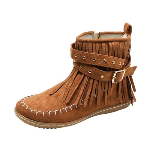 JXpxbao Damen Western Chelsea Boots Mit Fransen Details - Flacher Absatz, Schlupf-System Mit Reißverschluss Retro Herbst Winter Stiefeletten (Braun,39) von JXpxbao