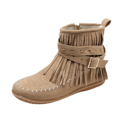 JXpxbao Damen Western Chelsea Boots Mit Fransen Details - Flacher Absatz, Schlupf-System Mit Reißverschluss Retro Herbst Winter Stiefeletten (Khaki,37) von JXpxbao