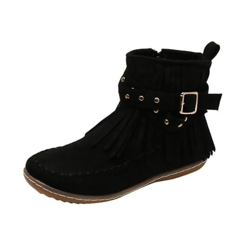 JXpxbao Damen Western Chelsea Boots Mit Fransen Details - Flacher Absatz, Schlupf-System Mit Reißverschluss Retro Herbst Winter Stiefeletten (Schwarz,42) von JXpxbao