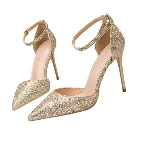 JXpxbao Damen Wildleder Optik High Heel Spitz Geschlossene Zehe Stiletto Elegant Party Abiball Büroarbeit Pumps (Gold,34) von JXpxbao