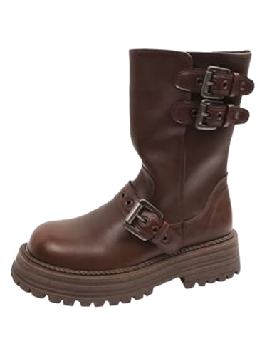 JXpxbao Damenstiefel, Westernstiefel, Herbstschuhe, Cowboystiefel, Stiefeletten, Halbhohe Stiefel, Flache Stiefel (Braun,35) von JXpxbao