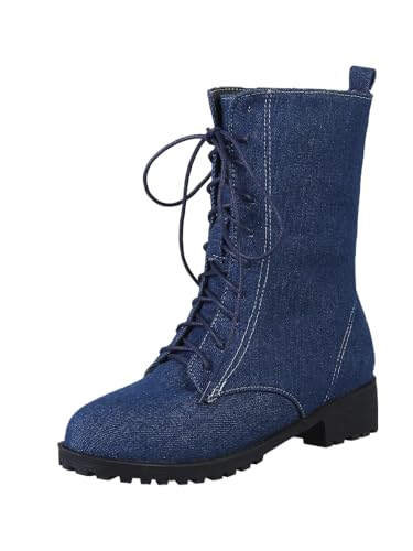JXpxbao Damenstiefeletten Mit Klobigem Absatz, Quadratischem Niedrigem Kitten-Absatz, Runder Zehenpartie, Schnürung Und Klassischem Schuhdesign. (Dunkelblau,40) von JXpxbao