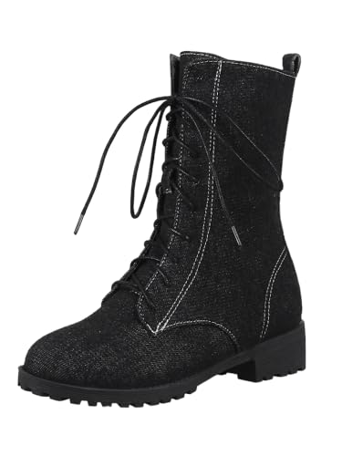 JXpxbao Damenstiefeletten Mit Klobigem Absatz, Quadratischem Niedrigem Kitten-Absatz, Runder Zehenpartie, Schnürung Und Klassischem Schuhdesign. (Schwarzer dicker Samt,34) von JXpxbao