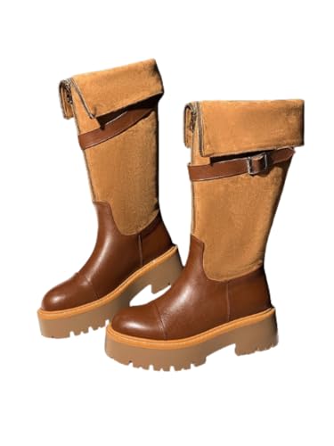 JXpxbao Dickes Sohlendesign, Mit Reißverschluss, Ledervernähung, Gummisohle, Gerader Stiefelform, Gürtelschnalle, Modische Zierstiefel. (Brauner Samt,37) von JXpxbao