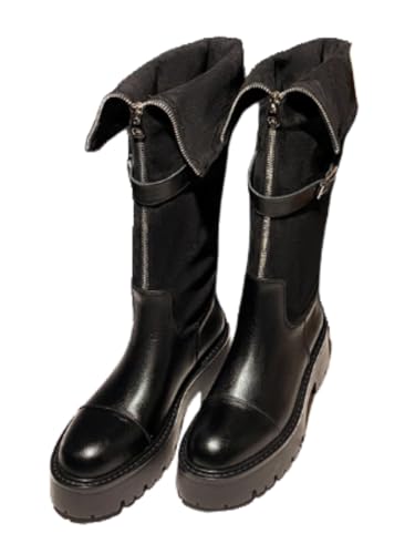 JXpxbao Dickes Sohlendesign, Mit Reißverschluss, Ledervernähung, Gummisohle, Gerader Stiefelform, Gürtelschnalle, Modische Zierstiefel. (Schwarzer Samt,35) von JXpxbao