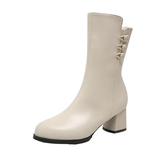 JXpxbao Dickes Sohlendesign, Mit Reißverschluss, Ledervernähung, Gummisohle, Gerader Stiefelform, Gürtelschnalle, Modische Zierstiefel. (Weiß,38) von JXpxbao
