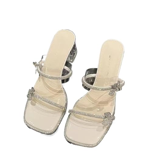 JXpxbao Double Butterfly Crystal Sandals Transparent Slingback Heels Square Toe Shoes Wedding Shoes (Beige,38) von JXpxbao