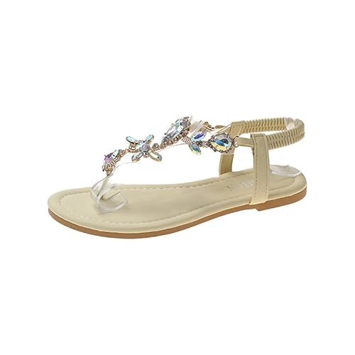 JXpxbao Flache Sandalen Damen Strass Bohemia Frauen Sommerschuhe Gummiband Zehentrenner Mädchen Strandschuhe Flip Flops Pantoletten Sandaletten (Aprikose,40) von JXpxbao