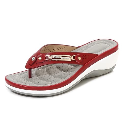 JXpxbao Flip Flops Damen Mode Orthopädische Leder Stoff Leicht Zehentrenner Frauen Bequeme Yoga Fußbett Badelatschen Sommer Strand Rutschfest Feste Gummi Sohle (Rot,37) von JXpxbao