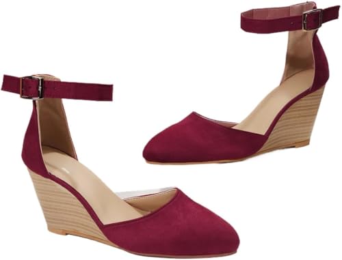 JXpxbao Geschlossene Zehe Keile Fersen für Frauen Dressy Plattform Keil Sandalen Knöchelriemen Ferse Espadrilles Sandalen Damen Bequem Kork Sommer Kleid Schuhe für Strand Hochzeit (Burgunderrot,40) von JXpxbao