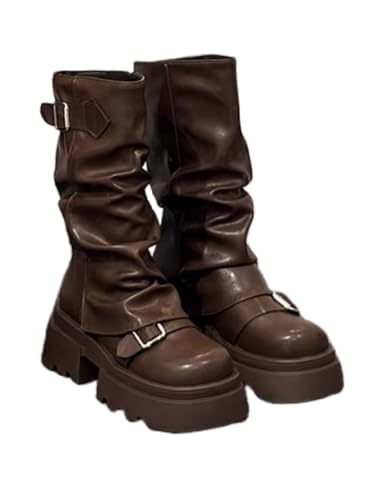 JXpxbao Gothic-Plateaustiefeletten Für Damen Mit Fledermausverschluss, Dicker Sohle, Runder Spitze, Punk-Motorradstiefel, Bequeme Kurze Gothic-Stiefeletten (Dunkelbraun,39) von JXpxbao