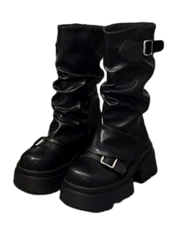 JXpxbao Gothic-Plateaustiefeletten Für Damen Mit Fledermausverschluss, Dicker Sohle, Runder Spitze, Punk-Motorradstiefel, Bequeme Kurze Gothic-Stiefeletten (Schwarz,38) von JXpxbao