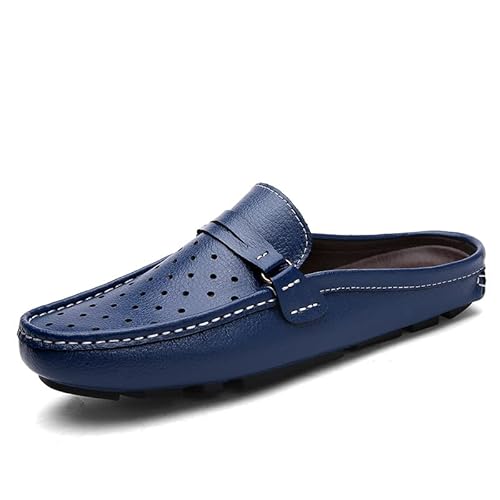 JXpxbao Herren Pantoletten Clog Hausschuhe Atmungsaktiv Stanzende Leder Schlupfschuhe Freizeit Loafer Klassische Mokassins Flache Slipper Slip on Penny Loafer (Blau,41) von JXpxbao