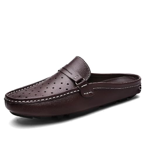 JXpxbao Herren Pantoletten Clog Hausschuhe Atmungsaktiv Stanzende Leder Schlupfschuhe Freizeit Loafer Klassische Mokassins Flache Slipper Slip on Penny Loafer (Braun,38) von JXpxbao