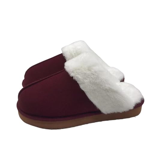 JXpxbao Herren- Und Damenhausschuhe Winter Warme Plüschhausschuhe Wildleder-Memory-Foam-Hausschuhe Mit Kunstfellkragen Geeignet Für Den Innen- Und Außenbereich (Burgunderrot,42) von JXpxbao